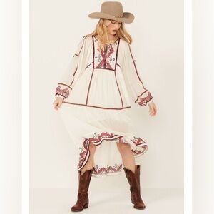 Free People White Gold Victorian Sweet Escape Midi Flowy Bohemian Dress